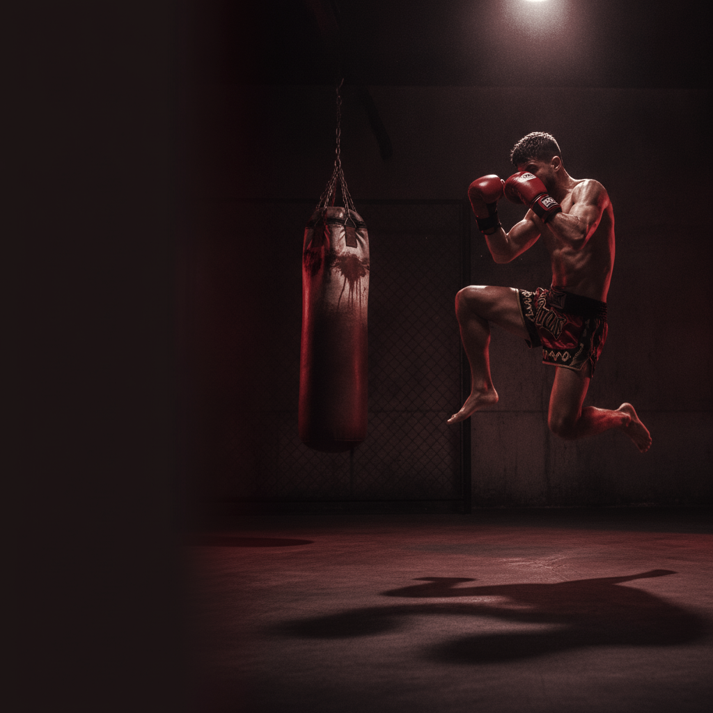 Boxer on the heavy bag under gym lights